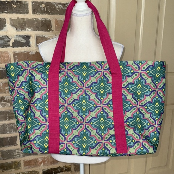 Jane Marie Waterproof Oversized Beach Bag “Check Me Out” Pink Green Paisley Tote - Picture 3 of 12